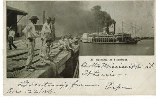 Black Americana Postcard " Watching The Steamboat " The Mississippi In St Louis