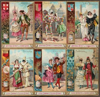 Liebig S - 276 " Carnival Costumes - Italy " Set 6 Vintage Trade Cards 1890 Fr/gr/it