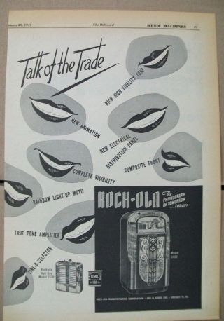 Rock - Ola Model 1422 Phonograph & 1530 Wallbox 1947 Ad - Talk Of The T\rade