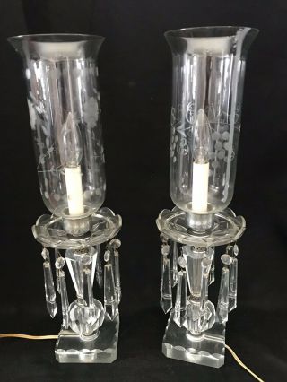 Pair 19”vintage Heavy Cut Glass Art Deco Table Lamp W/ Hurricane & Prisms