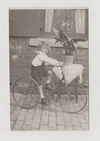 Old Photo Children Boy Named Hudson Cycling Riding Bike Tricycle Aspidistra Fd58