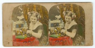 B9315 1860’s England Uk Hand Tinted Stereoview –woman & Jewelry Box