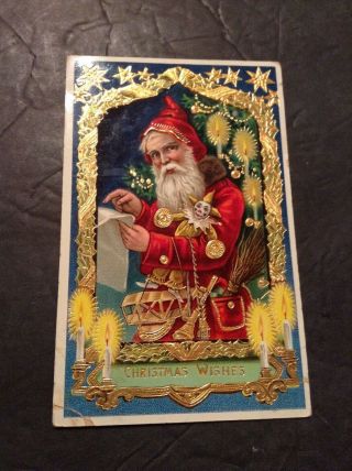 Vintage 1900’s Gold Border Santa Checking His List Embossed Divided Postcard