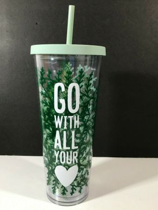 Starbucks Acrylic Tall Cup Straw Go With All Your Heart 24 Oz Evergreen Winter