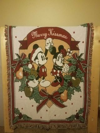 Vintage Disney Merry Kissmas Woven Tapestry Beacon Blanket Mickey/minnie 69”x46”