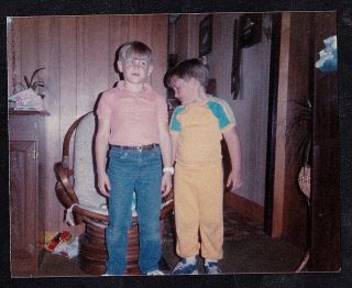 Vintage Photograph Two Adorable Little Boys Standing In Retro Living Room