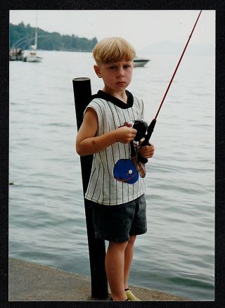 Old Vintage Photograph Little Boy Standing On Dock With Fishing Pole