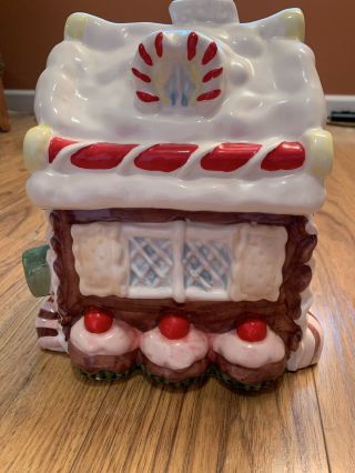 Gingerbread House Ceramic Christmas Cookie Jar Candy Canes Cupcakes Icing 2