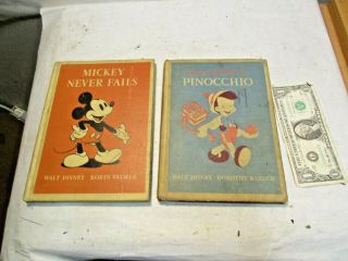 1939 Disney Mickey Never Fails & 1940 Pinocchio Hardback Book In Good Shape Nr