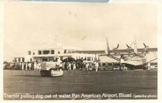 Miami Fl Pan Am Airport Vintage Real Photo Postcard Rppc Tractor Pulling Ship