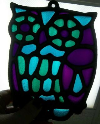 Vtg Owl Trivet Cast Iron? Heavy Stained Glass Or Resin Mosaic Purple Green Japan
