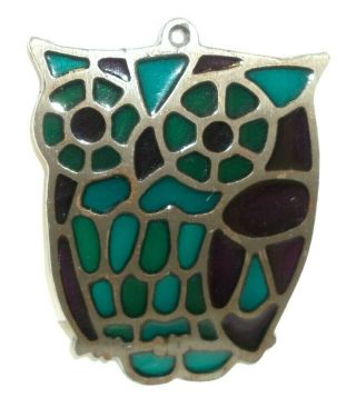 Vtg Owl Trivet Cast Iron? Heavy Stained Glass or Resin Mosaic Purple Green Japan 2