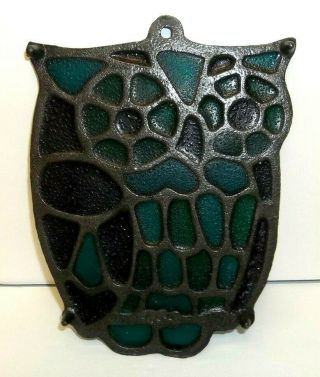 Vtg Owl Trivet Cast Iron? Heavy Stained Glass or Resin Mosaic Purple Green Japan 3