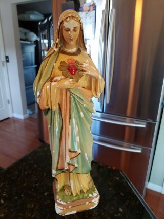 Vtg 16.  5 " Plaster Mary Sacred Heart Religious Catholic Statue Depostato Italy