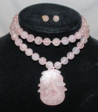 Vintage Pink Rose Quartz Carved Pendant Necklace & Earrings Set