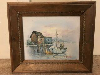 Vintage A.  Simpson Nautical Boats Oil Painting On Wood Period Frame