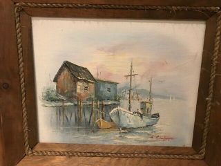 Vintage A.  Simpson Nautical Boats Oil Painting on Wood Period Frame 2