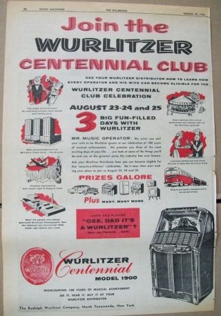 Wurlitzer Centennial Model 1900 Phonograph 1956 Ad - Join The Club