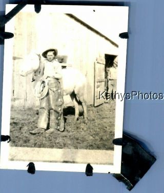 Found Vintage Photo C,  3866 Man In Hat Posed On Side Of Horse