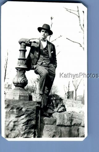 Found Vintage Photo C,  3467 Man In Suit And Hat Posed On Wall