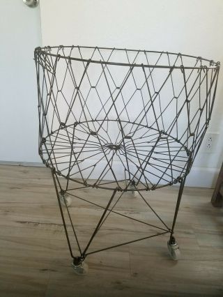 Vtg Wire Laundry Basket Cart Wheels Collapsible Folding Industrail Metal Bassick