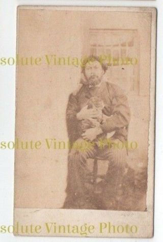 Unusual Cdv Photo Man With Pet Cat On Lap & Ghostly Hand On His Shoulder C.  1880