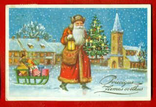 Latvia Lettland Christmas Santa Claus Red Robe Vintage Postcard 1806