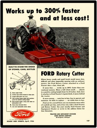 1956 Ford Farm Equipment Metal Sign: Ford Tractor W Rotary Cutter On The Job