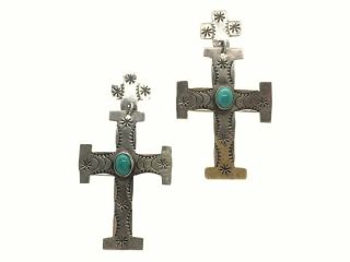 Vtg Sterling Silver Stamped Turquoise Earrings - Navajo Native Cross - Signed J