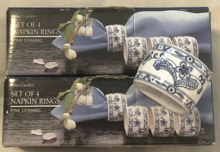 " Blue Garden " Set Of 8 Napkin Rings Blue White Baker Hart & Stuart Box Japan