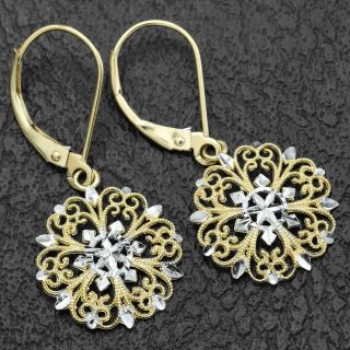Vintage 14k Yellow & White Gold Snowflake Filigree Dangle Lever - Back Earrings