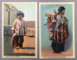 2 C 1940 Fred Harvey Hotels Hopi & Navajo Arizona Postcard Vintage Linen