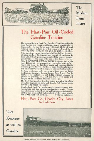 1908 Hart - Parr Oil Cooled Gasoline Traction Tractor Ad Charles City Iowa
