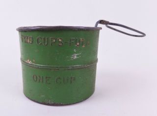 Vintage Green Metal Tin 1 - 2 Cup Flour Sifter 1930s Farmhouse Decor Rustic