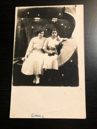 Azo Rppc Photo Postcard - Two Ladies White Dresses On Paper Moon - Stars - Portrait Pc