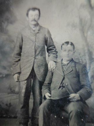Tintype Photo T132 2 Men Posing - 1 W/ Hat & Pants W/ Snaps - 1 W/ Mustache
