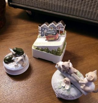 Otagiri Ceramic X 3 Frogs On Lilly,  Cats On See Saw,  Trolley Music Box Vintage