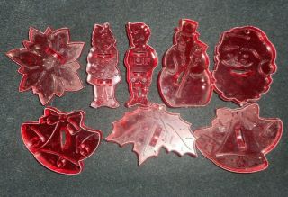 8 Vintage Hrm Red Plastic Christmas Holiday Cookie Cutters Santa Bells Snowman