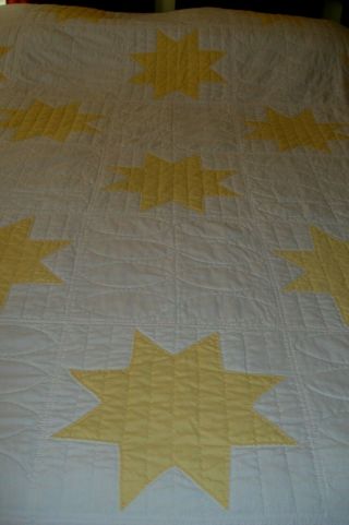 Vtg Hand & Machine Stitched White Yellow 8 Point Star Cotton Quilt 94 " X 76 "