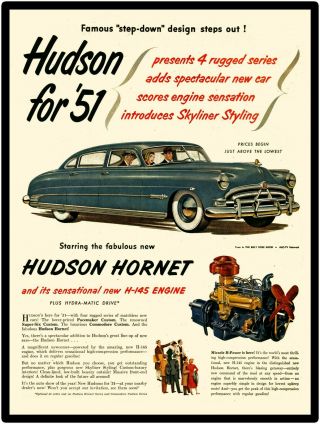 1951 Hudson Hornet Metal Sign: Skyliner Styling,  H - 145 Engine