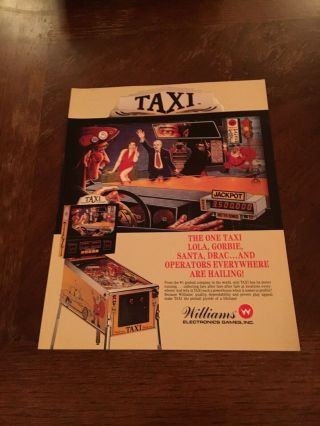 Williams Taxi Pinball Machine Flyer,  1988 Nos