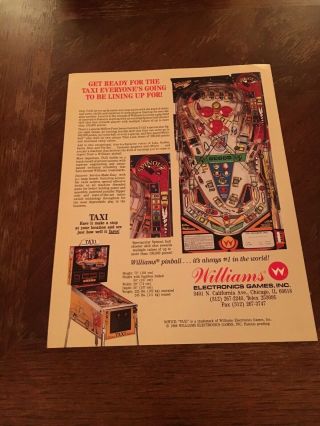 Williams Taxi Pinball Machine Flyer,  1988 NOS 2