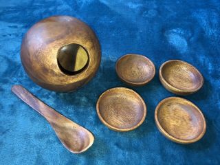 Mid - Century Vintage Wooden Orb Salt Dish W/ Serving Spoon & 4 Mini Bowls Euc