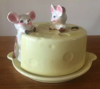 Vintage Mcm Cheese Server Plate With Mice On Dome Lid.  1960s
