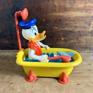 Walt Disney Productions Hong Kong Donald Duck Mechanical Bathtub With Shark Toy