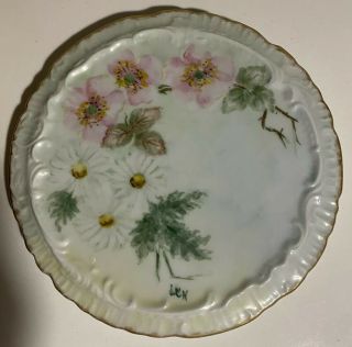 Vintage Porcelain Ceramic Hot Plate Tea Trivet Hand Painted Signed Apple Blossom