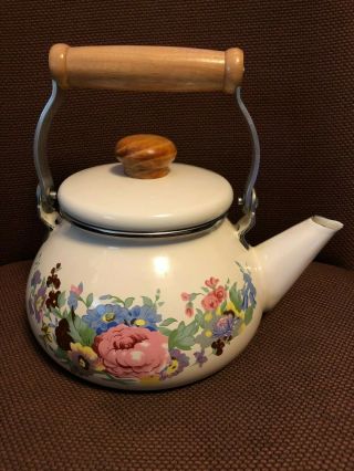 Vintage Enamel Teapot Kettle Cream White With Lid Wood Handle Floral Print