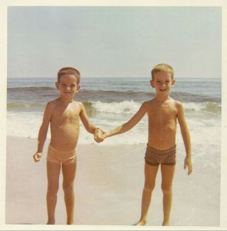 Vintage Old Color Photo Of Cute Little Boys Holding Hands At The Beach Haven Nj