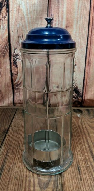 Vintage Gemco Soda Fountain Straw Dispenser Holder Blue Lid & Glass 11 "