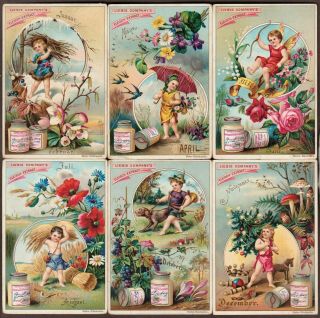 Liebig S - 410 " Months Of The Year " Full Set Of 6 Vintage Trade Cards 1894 German